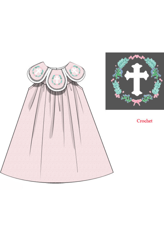 The Smocked Flamingo Apparel & Accessories Pre-Order Crochet Cross Pink Swiss Dot Dress