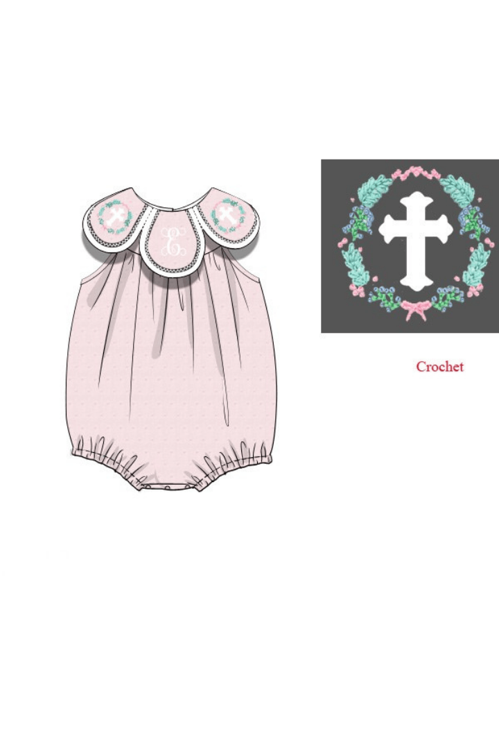 The Smocked Flamingo Apparel & Accessories Pre-Order Crochet Cross Pink Swiss Dot Monogram Tulip Bubble