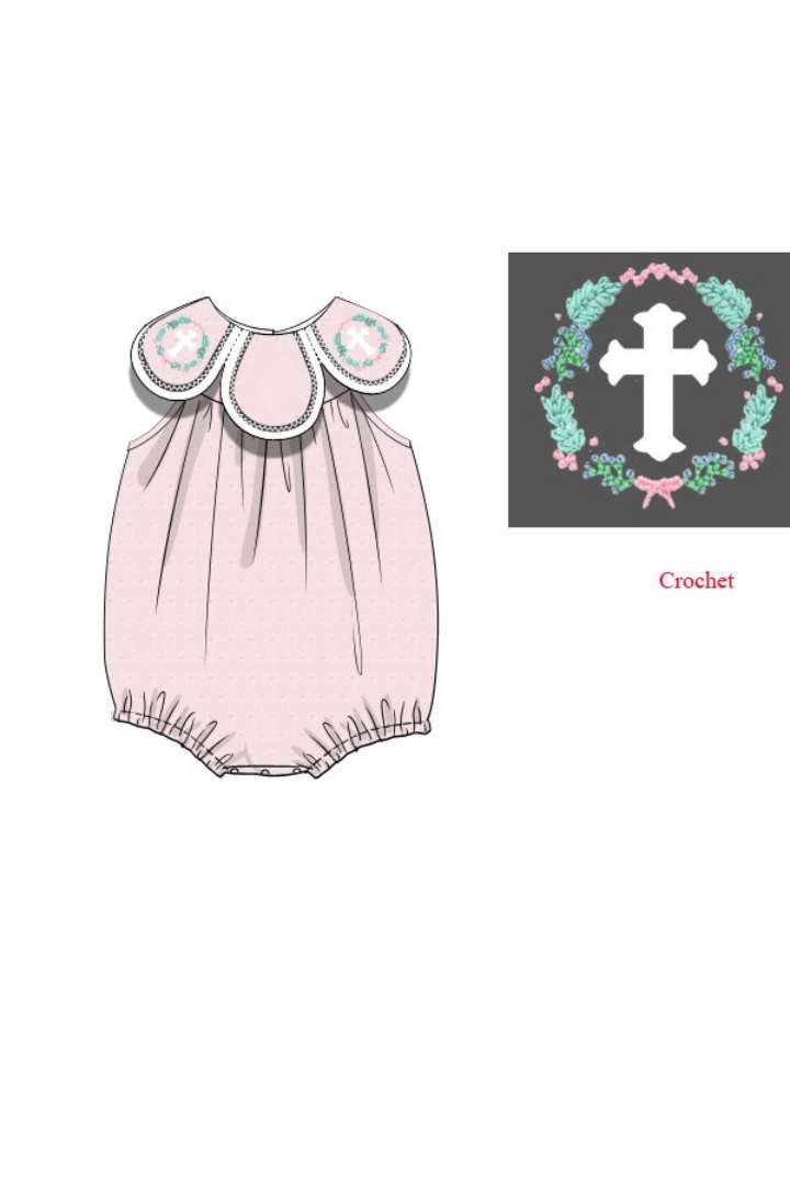 The Smocked Flamingo Apparel & Accessories Pre-Order Crochet Cross Pink Swiss Dot Monogram Tulip Bubble