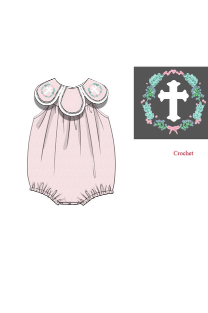 The Smocked Flamingo Apparel & Accessories Pre-Order Crochet Cross Pink Swiss Dot Monogram Tulip Bubble