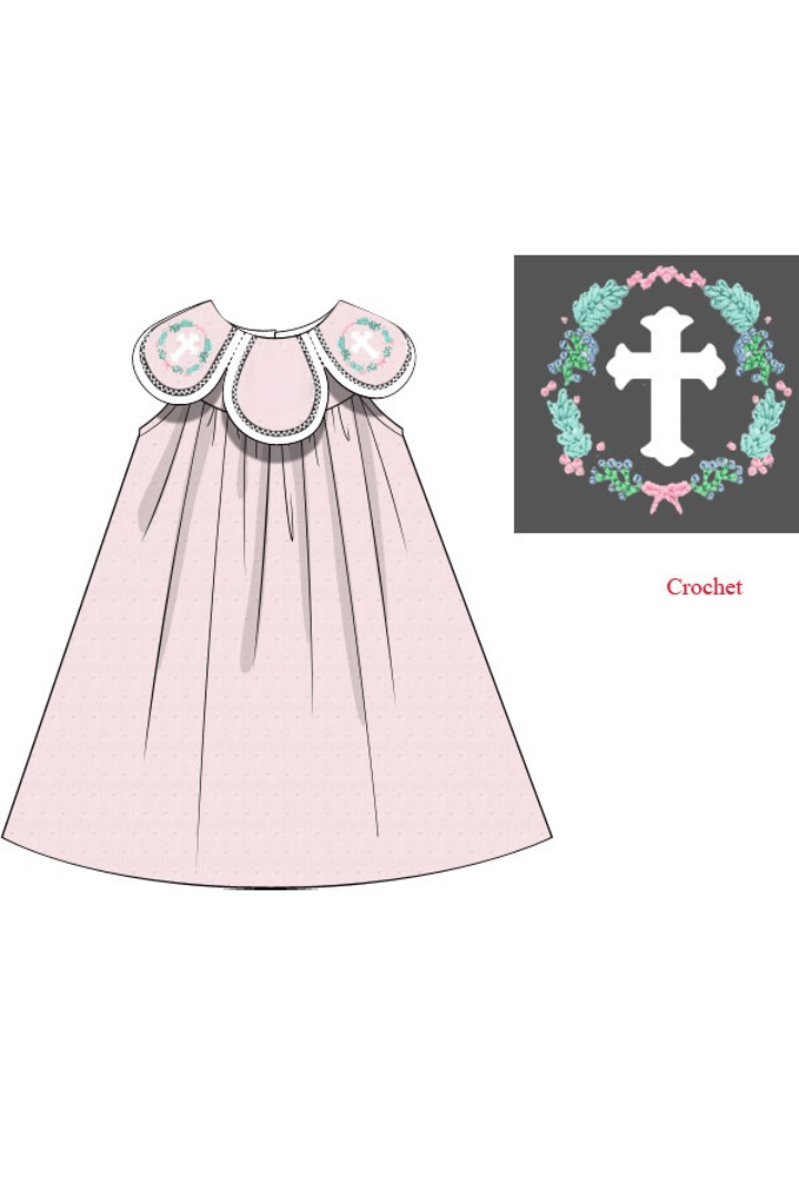 The Smocked Flamingo Apparel & Accessories Pre-Order Crochet Cross Pink Swiss Dot Monogram Tulip Dress
