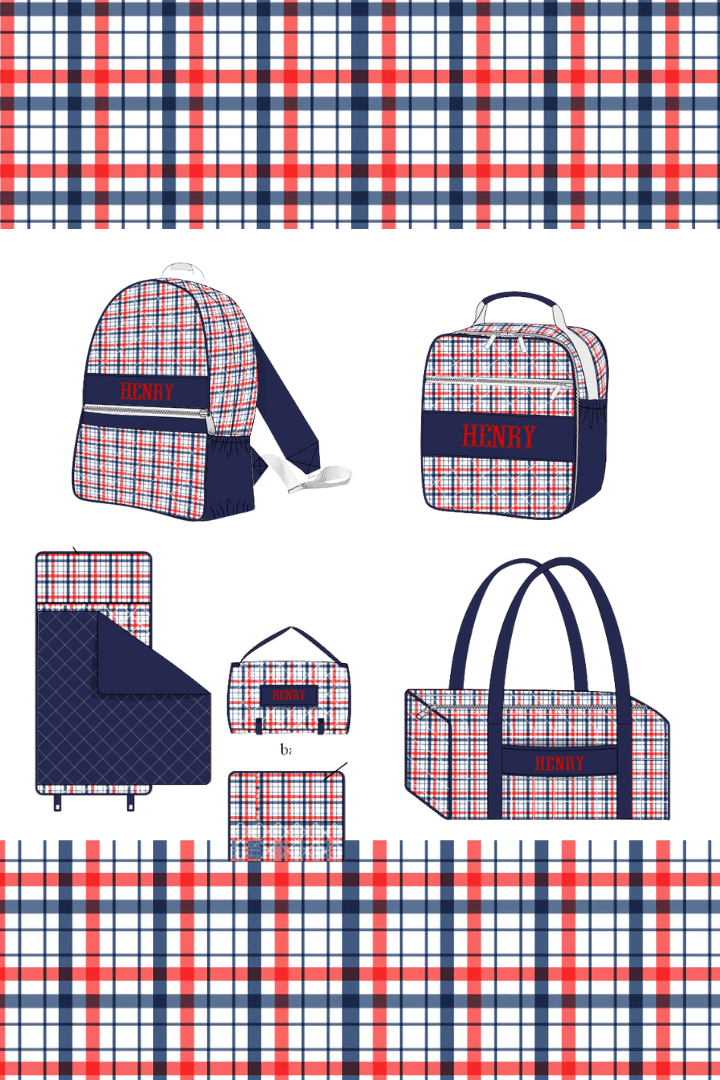 The Smocked Flamingo Apparel & Accessories Pre-Order Custom Name Blue and Red Plaid Luggage