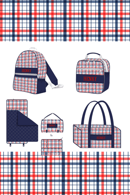 The Smocked Flamingo Apparel & Accessories Pre-Order Custom Name Blue and Red Plaid Luggage
