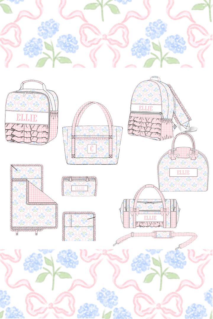 The Smocked Flamingo Apparel & Accessories Pre-Order Custom Name Sweet Pink Hydrangea Bow Luggage