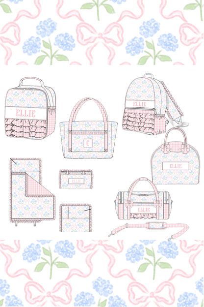 The Smocked Flamingo Apparel & Accessories Pre-Order Custom Name Sweet Pink Hydrangea Bow Luggage