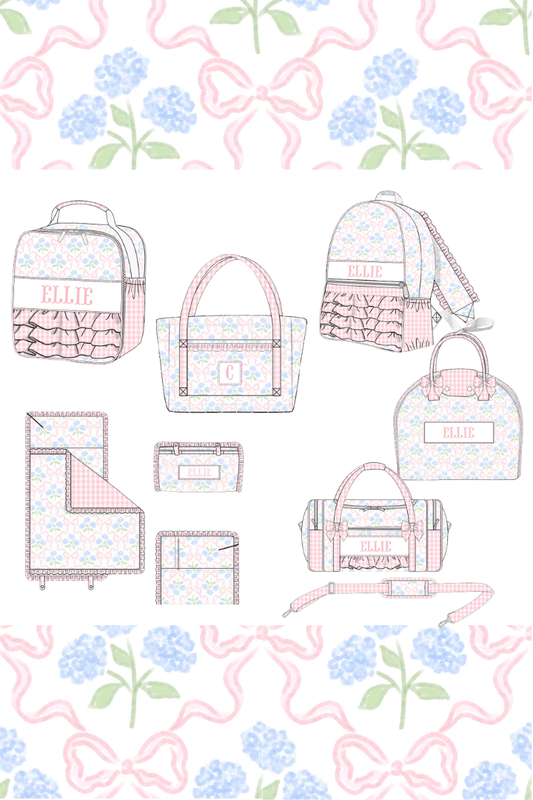 The Smocked Flamingo Apparel & Accessories Pre-Order Custom Name Sweet Pink Hydrangea Bow Luggage