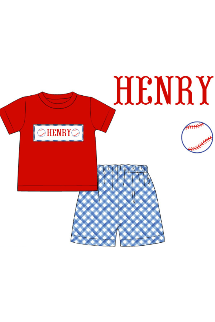 The Smocked Flamingo Apparel & Accessories Pre-Order Custom Personalized Team Baseball  Blue Gingham Short Set