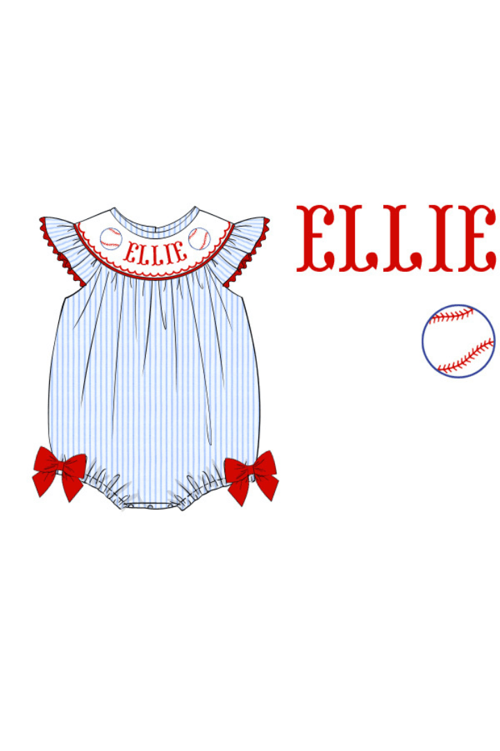 The Smocked Flamingo Apparel & Accessories Pre-Order Custom Personalized Team Baseball  Blue Pinstripe Bow Bubble