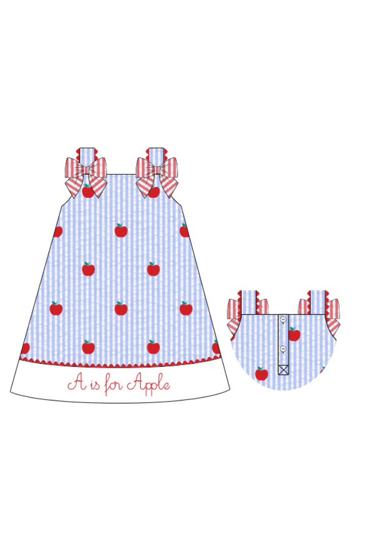 The Smocked Flamingo Apparel & Accessories Pre-Order Embroidered A is for Apple Seersucker Dress