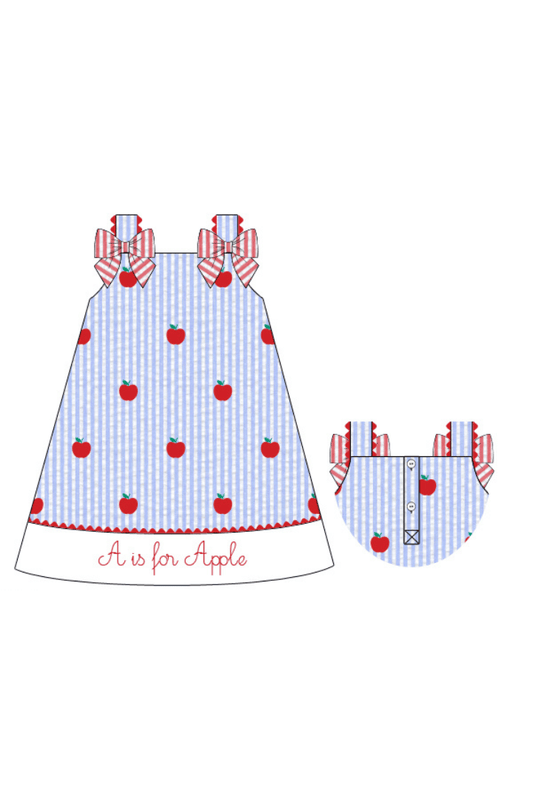 The Smocked Flamingo Apparel & Accessories Pre-Order Embroidered A is for Apple Seersucker Dress