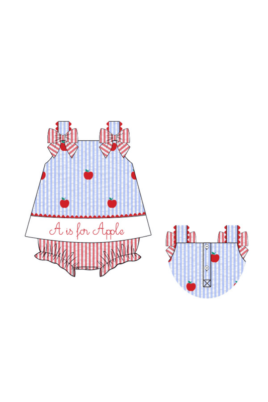 The Smocked Flamingo Apparel & Accessories Pre-Order Embroidered A is for Apple Seersucker Skirted Bubble
