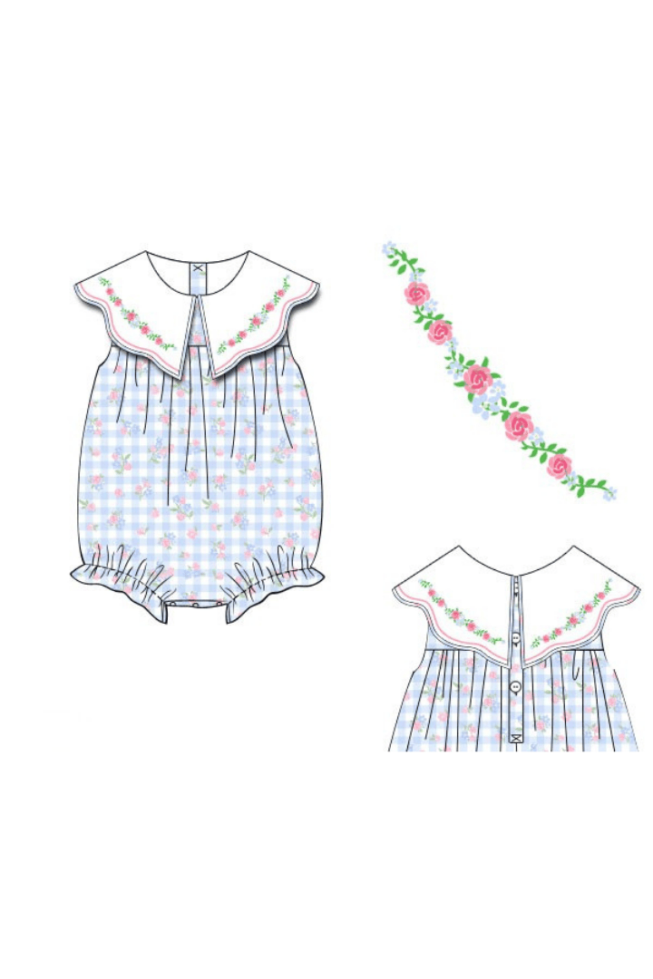 The Smocked Flamingo Apparel & Accessories Pre-Order Embroidered Blue Gingham Floral Bubble
