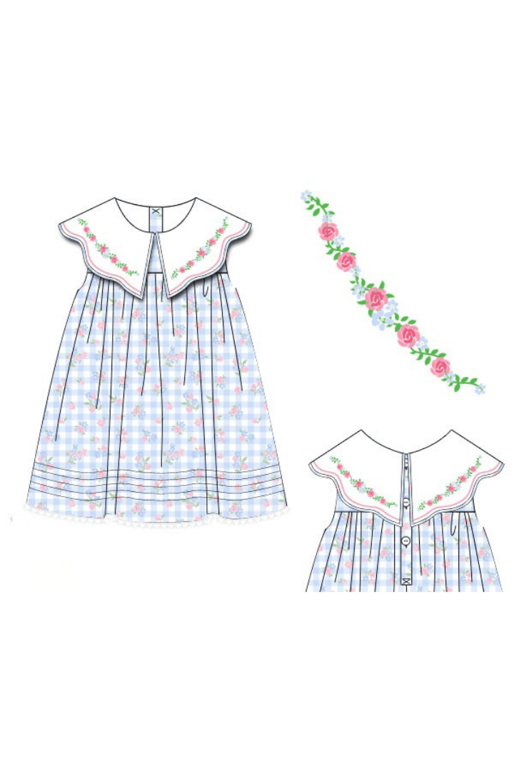 The Smocked Flamingo Apparel & Accessories Pre-Order Embroidered Blue Gingham Floral Dress
