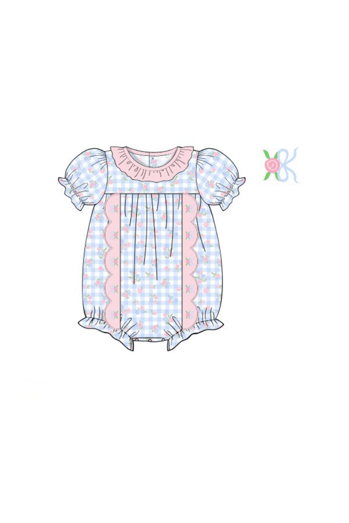 The Smocked Flamingo Apparel & Accessories Pre-Order Embroidered Blue Gingham Floral Scalloped Bubble