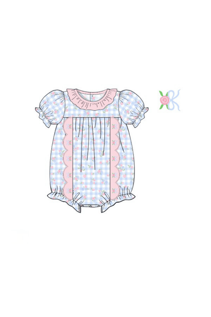 The Smocked Flamingo Apparel & Accessories Pre-Order Embroidered Blue Gingham Floral Scalloped Bubble