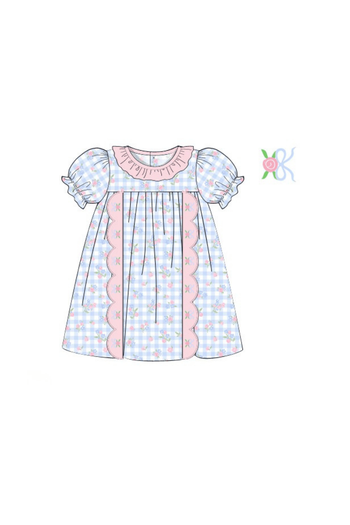 The Smocked Flamingo Apparel & Accessories Pre-Order Embroidered Blue Gingham Floral Scalloped Dress
