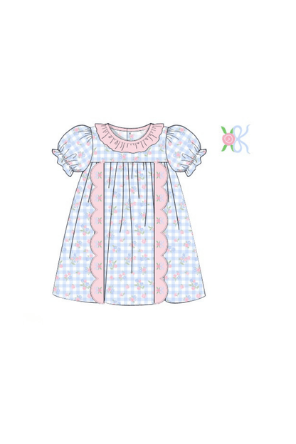 The Smocked Flamingo Apparel & Accessories Pre-Order Embroidered Blue Gingham Floral Scalloped Dress