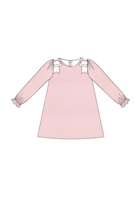 The Smocked Flamingo Apparel & Accessories Pre-Order Embroidered Bow Pink Honeycomb Long Sleeve Dress