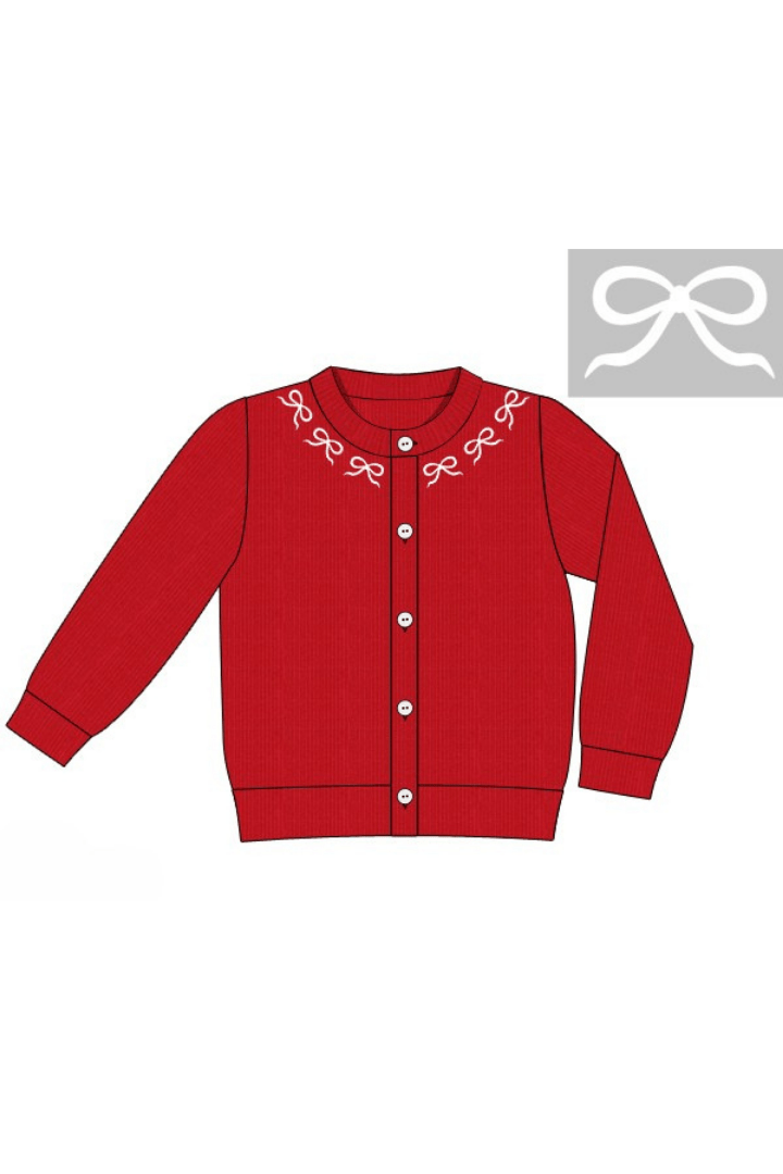 The Smocked Flamingo Apparel & Accessories Pre-Order Embroidered Bow Red Button Down Cardigan Sweater