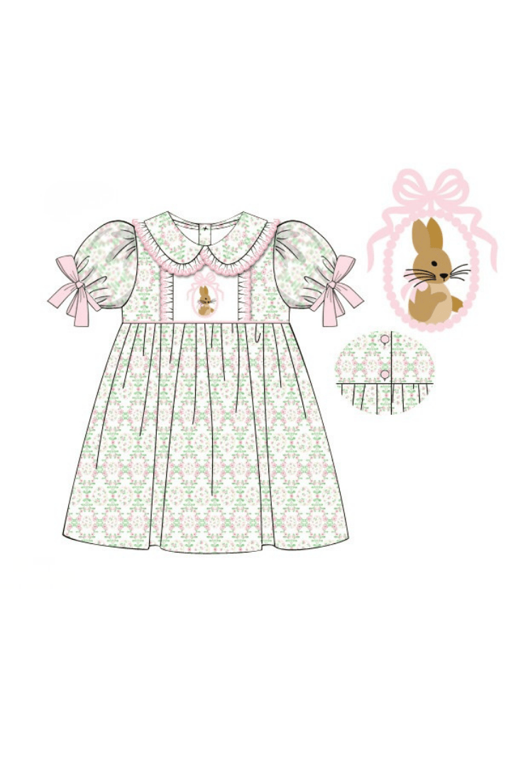 The Smocked Flamingo Apparel & Accessories Pre-Order Embroidered Bunny Easter Floral Dress