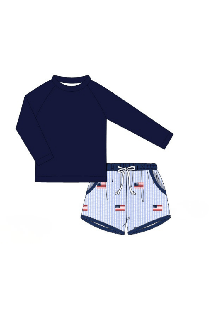 The Smocked Flamingo Apparel & Accessories Pre-Order Embroidered Flag Blue Seersucker 2 pc Rash Guard and Trunks