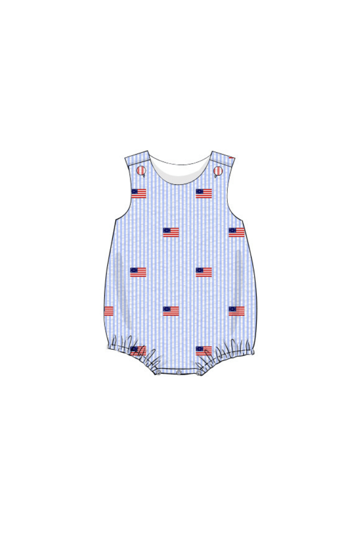 The Smocked Flamingo Apparel & Accessories Pre-Order Embroidered Flag Blue Seersucker Bubble