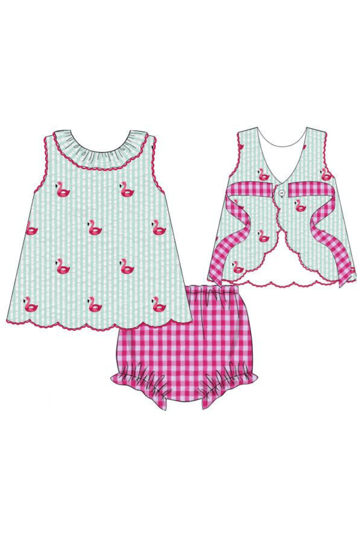 The Smocked Flamingo Apparel & Accessories Pre-Order Embroidered Flamingo Seersucker Bloomer Set