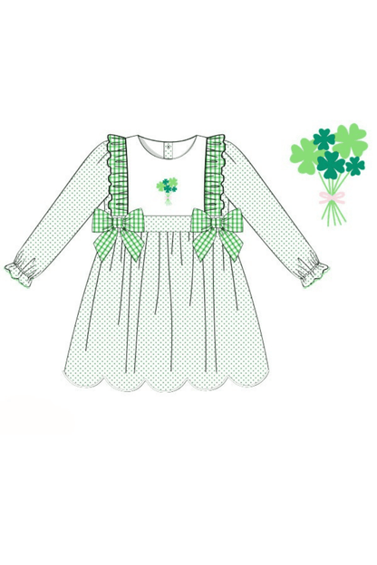 The Smocked Flamingo Apparel & Accessories Pre-Order Embroidered Four Leaf Clover Swiss Dot Scalloped Dress