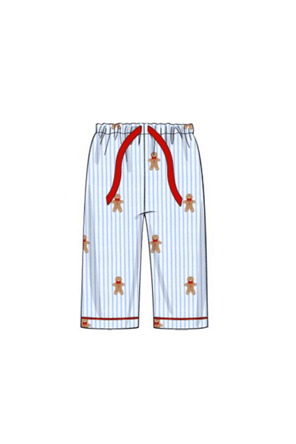 The Smocked Flamingo Apparel & Accessories Pre-Order Embroidered Gingerbread Blue Pinstripe Pajama Pants