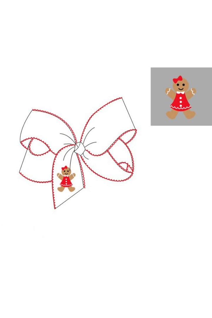 The Smocked Flamingo Apparel & Accessories Pre-Order Embroidered Gingerbread Scalloped Edge Grosgrain Bow White/Red