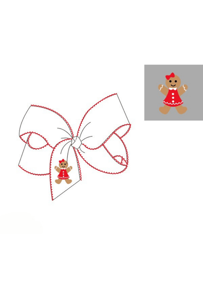 The Smocked Flamingo Apparel & Accessories Pre-Order Embroidered Gingerbread Scalloped Edge Grosgrain Bow White/Red