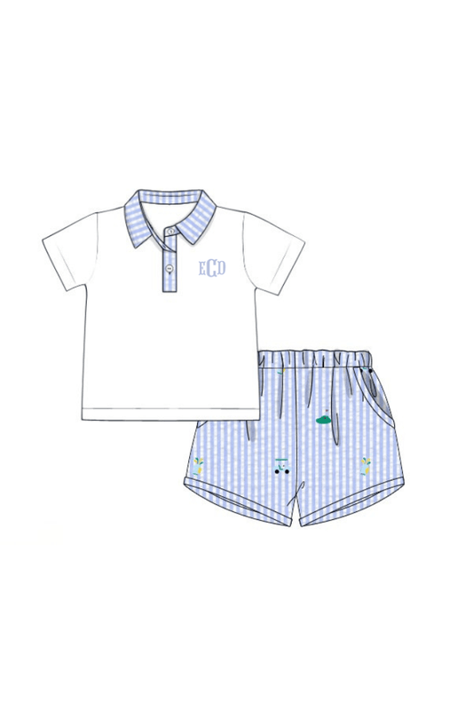 The Smocked Flamingo Apparel & Accessories Pre-Order Embroidered Golf Blue Seersucker Short Set