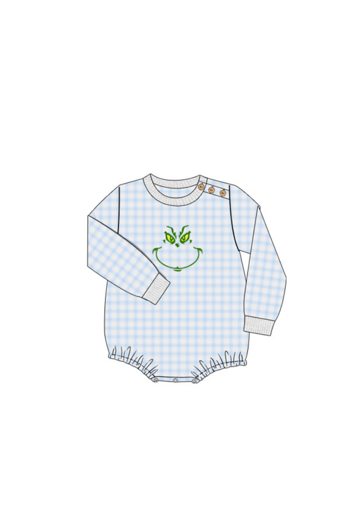 The Smocked Flamingo Apparel & Accessories Pre-Order Embroidered Grouch Blue Gingham Cardigan Bubble