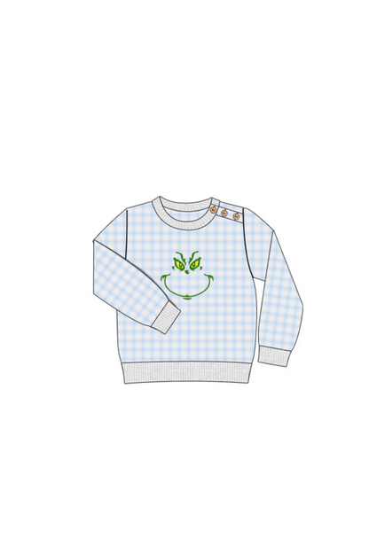 The Smocked Flamingo Apparel & Accessories Pre-Order Embroidered Grouch Blue Gingham Cardigan Pullover