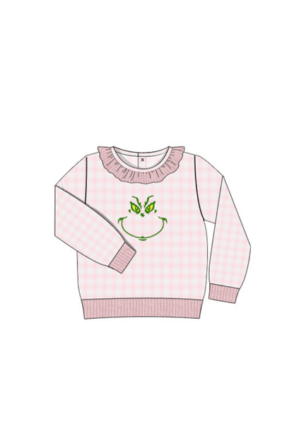 The Smocked Flamingo Apparel & Accessories Pre-Order Embroidered Grouch Pink Gingham Cardigan Pullover