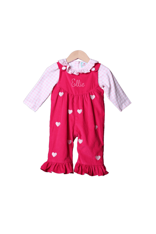 The Smocked Flamingo Apparel & Accessories Pre-Order Embroidered Heart Pink Corduroy Romper