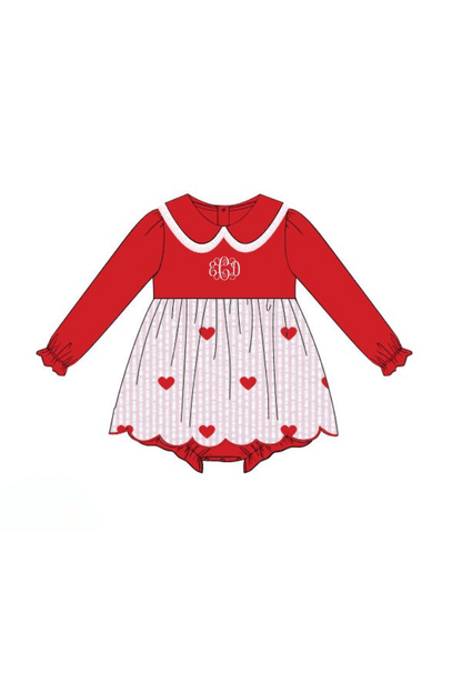 The Smocked Flamingo Apparel & Accessories Pre-Order Embroidered Heart Red and Pink Seersucker Bubble