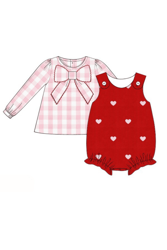 The Smocked Flamingo Apparel & Accessories Pre-Order Embroidered Heart Red Corduroy Pink Gingham 2Pcs Bubble