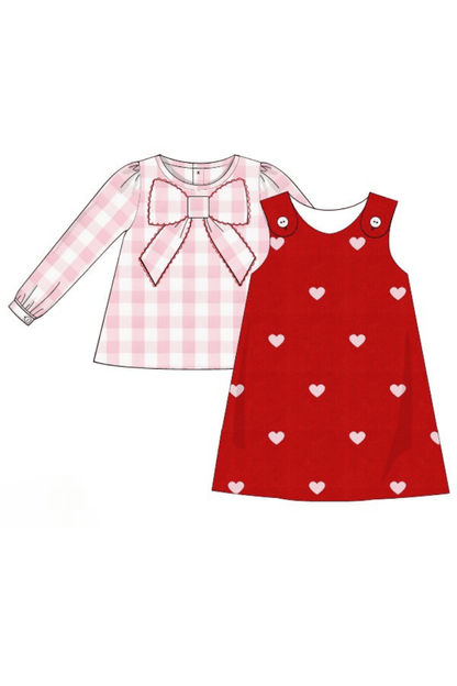 The Smocked Flamingo Apparel & Accessories Pre-Order Embroidered Heart Red Corduroy Pink Gingham 2Pcs Dress