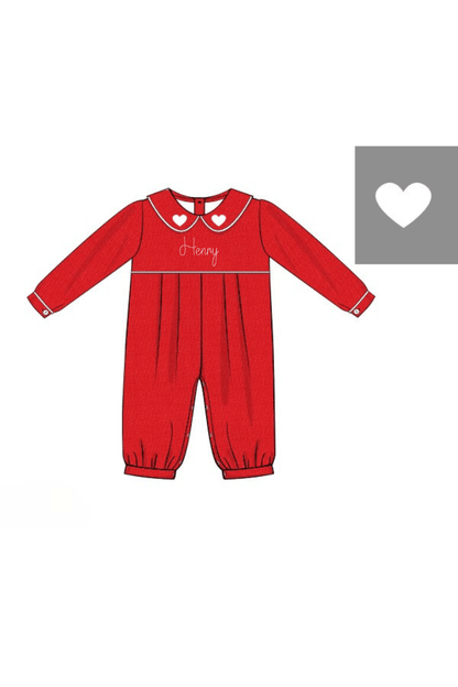 The Smocked Flamingo Apparel & Accessories Pre-Order Embroidered Heart Red Linen Romper