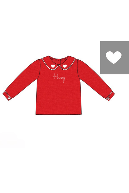The Smocked Flamingo Apparel & Accessories Pre-Order Embroidered Heart Red Linen Shirt