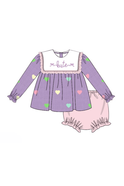 The Smocked Flamingo Apparel & Accessories Pre-Order Embroidered Hearts Lavender Linen Ruffle Bloomer Set