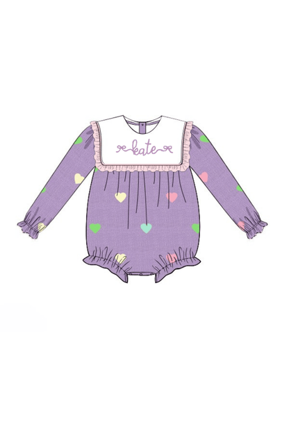 The Smocked Flamingo Apparel & Accessories Pre-Order Embroidered Hearts Lavender Linen Ruffle Bubble