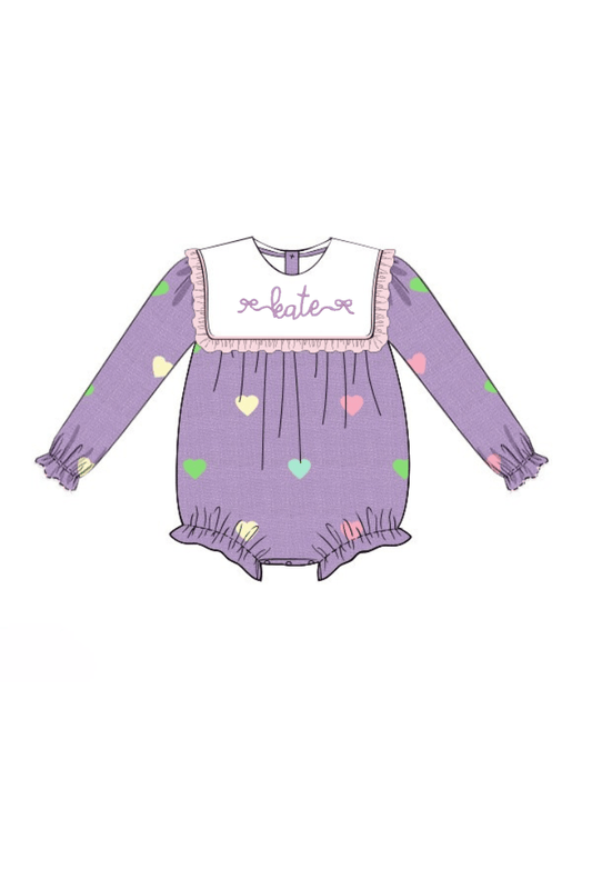 The Smocked Flamingo Apparel & Accessories Pre-Order Embroidered Hearts Lavender Linen Ruffle Bubble