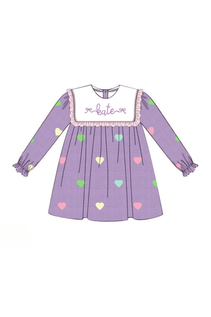 The Smocked Flamingo Apparel & Accessories Pre-Order Embroidered Hearts Lavender Linen Ruffle Dress