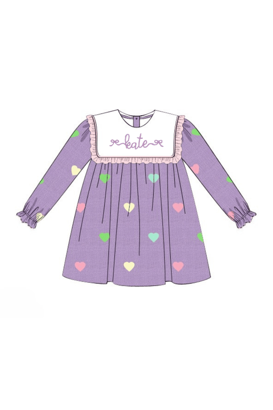The Smocked Flamingo Apparel & Accessories Pre-Order Embroidered Hearts Lavender Linen Ruffle Dress