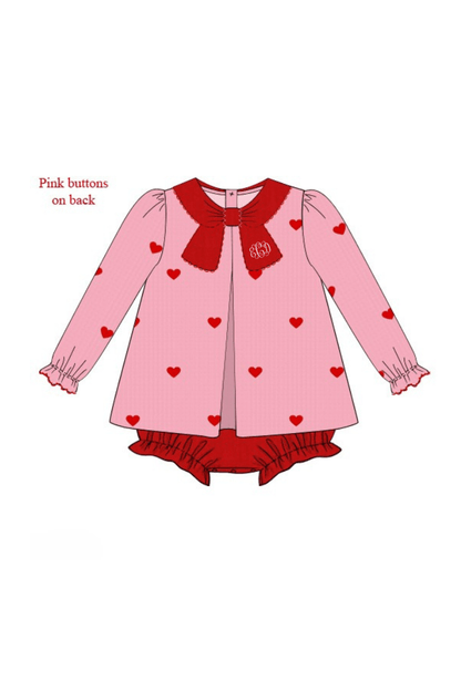 The Smocked Flamingo Apparel & Accessories Pre-Order Embroidered Hearts Pink and Red Corduroy Skirted Bubble