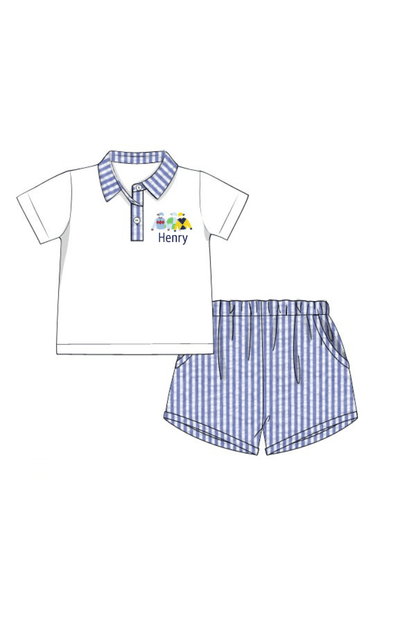 The Smocked Flamingo Apparel & Accessories Pre-Order Embroidered Jockey Silks Navy Seersucker Polo Short Set