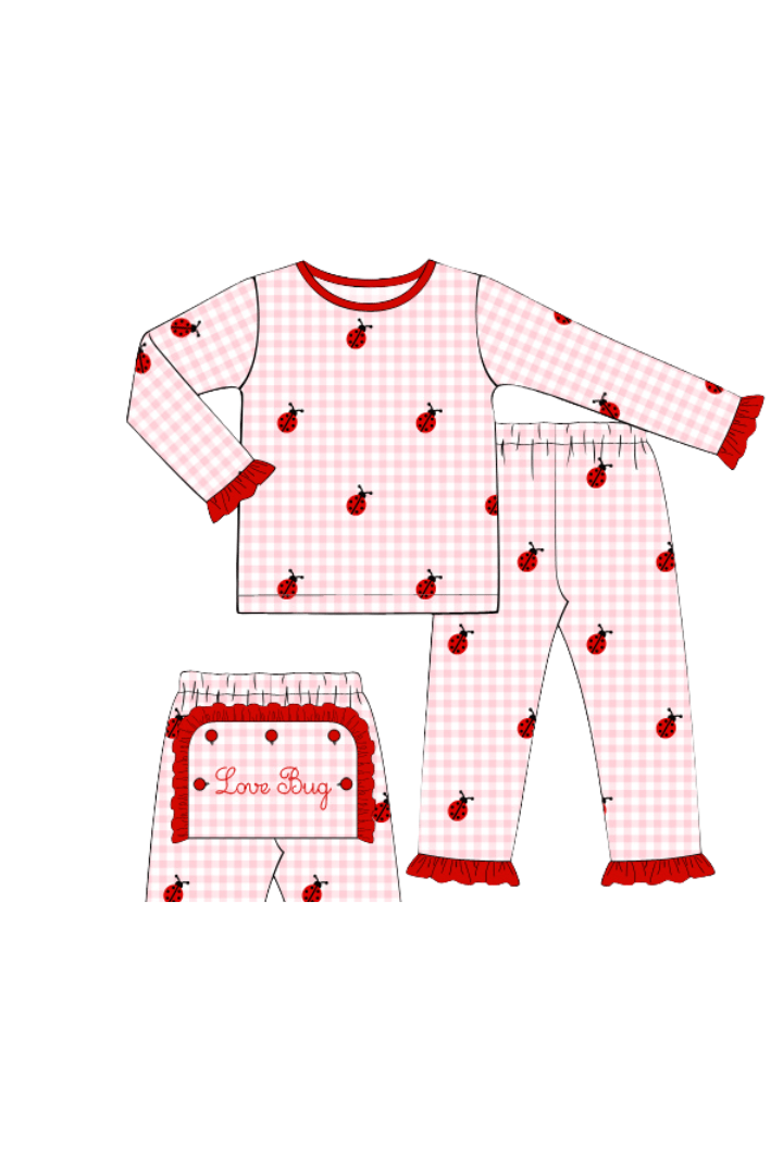 The Smocked Flamingo Apparel & Accessories Pre-Order Embroidered Love Bug Pink GIngham Pajamas