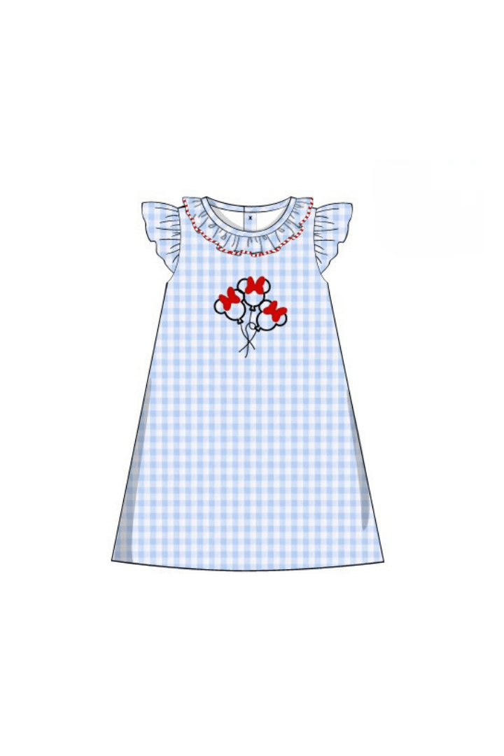 Embroidered Magical Balloon Blue Gingham Ruffle Dress 5